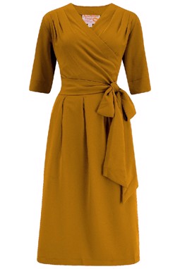 The "Vivien" Full Wrap Dress in Mustard, True 1940s To Early 1950s Style