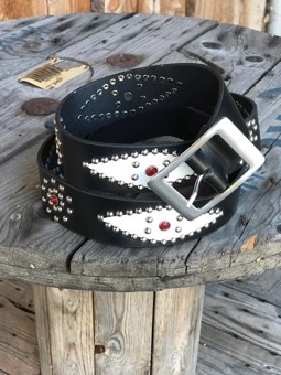 Western Rockabilly studded leather belt - Black/red/white 