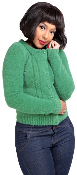 Collectif "CARA FUZZY YARN" Vintage LANGÆRMER Plain Soft CARDIGAN Cardigan Grøn