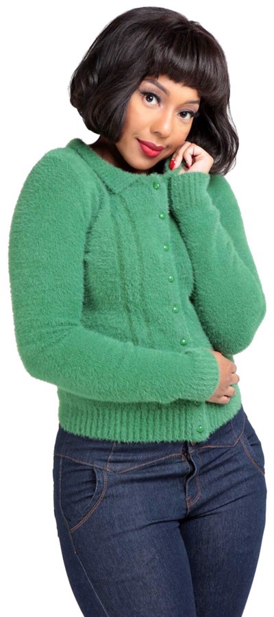 Collectif "CARA FUZZY YARN" Vintage LANGÆRMER Plain Soft CARDIGAN Cardigan Grøn