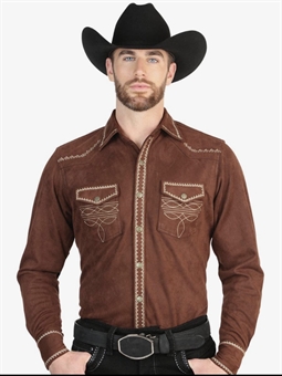 El General Men’s Suede Embroidered Snap Button Western Shirt - Brown