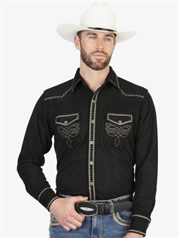 El General Men’s Suede Embroidered Snap Button Western Shirt - Black