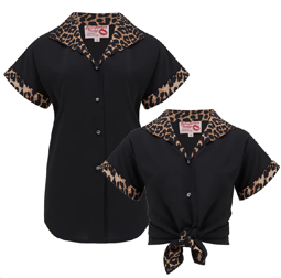 Rock n Romance Tuck in or Tie Up "Maria" Blouse in Black With Leopard Print Contrasts, Authentic 1950s